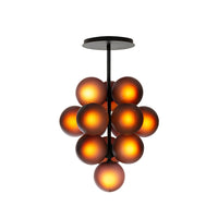 Illuminated purple grape chandelier shown on a white background with clustered glass bubbles.