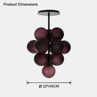 Product dimension diagram for the purple grape chandelier with clustered glass globes.