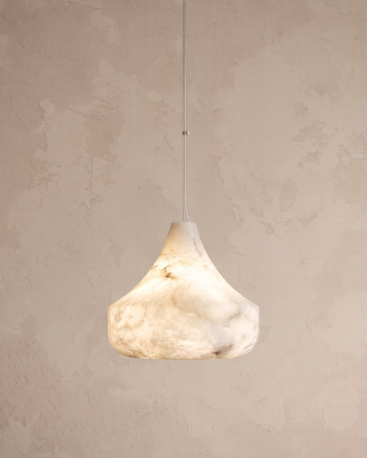 WOMO WM2905 pendant with a flared alabaster shade, visible stone veining and a slender suspension cord.