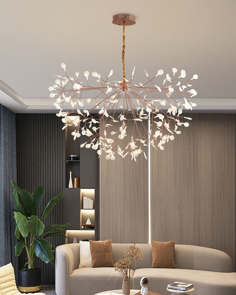 Rose-gold Heracleum chandelier glowing above a curved sofa, expressing quiet luxury through warm light, organic lines, and generous negative space.