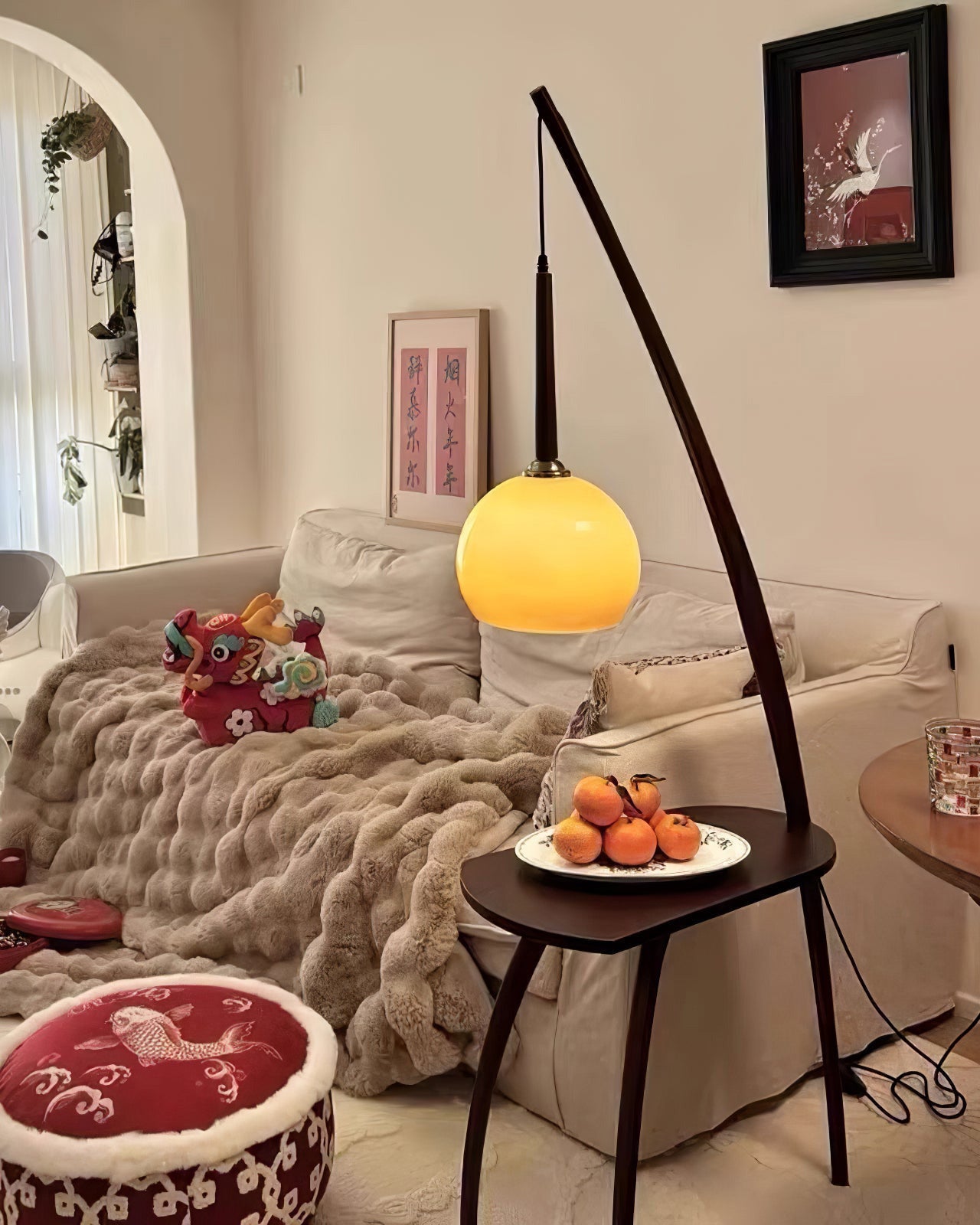 WOMO Hanging Wood Floor Lamp with Table-WM7130