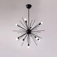Product view of the D27.6 × H27.6 in modern black chandelier, showing its radial frame, clear glass accents, and warm-white bulbs.