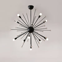 Product view of the D37.4 × H35.4 in black chandelier, showing the widest radial frame, clear glass accents, and warm-white bulbs.