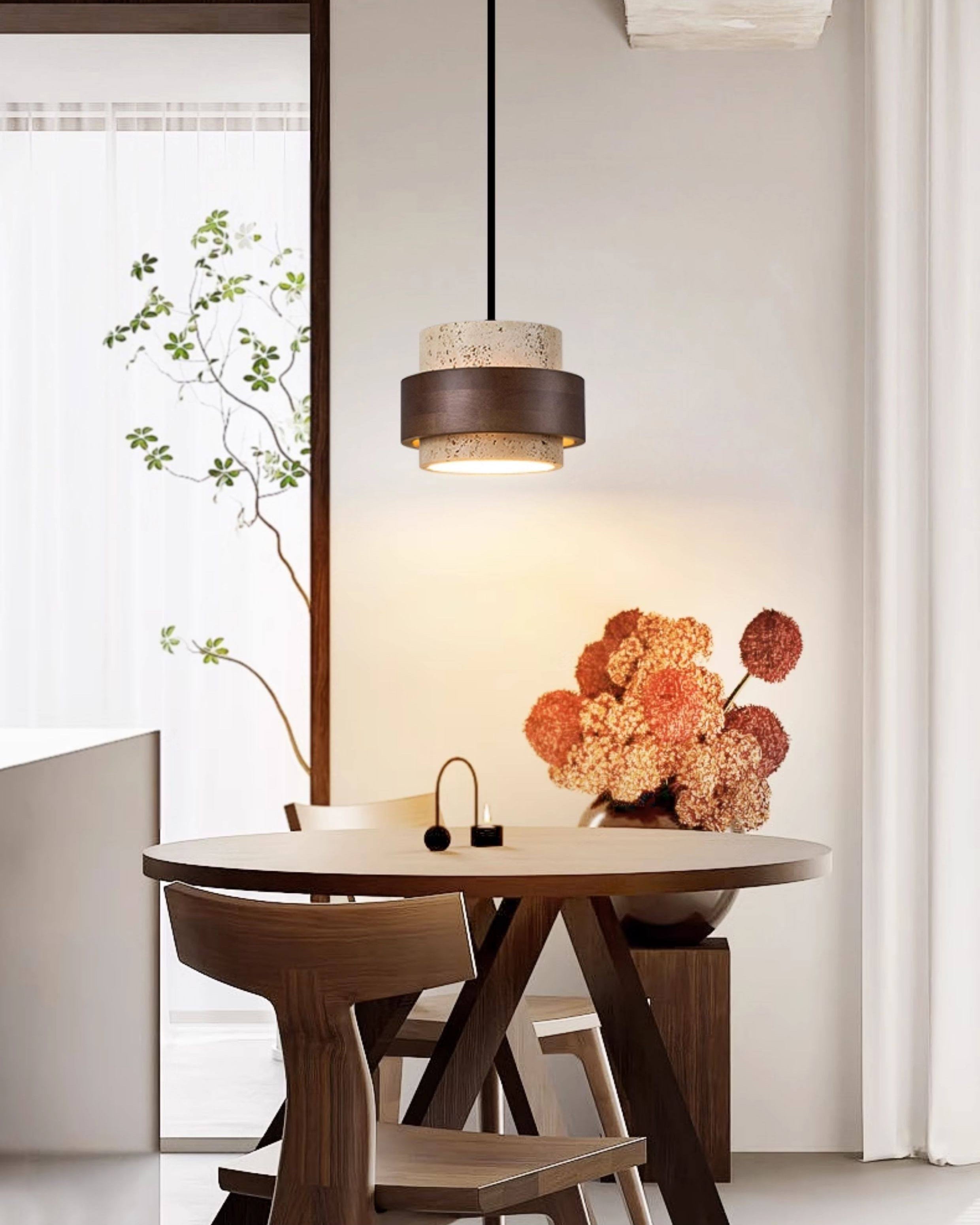WOMO Travertine Wood Drum Pendant Light - WM3108