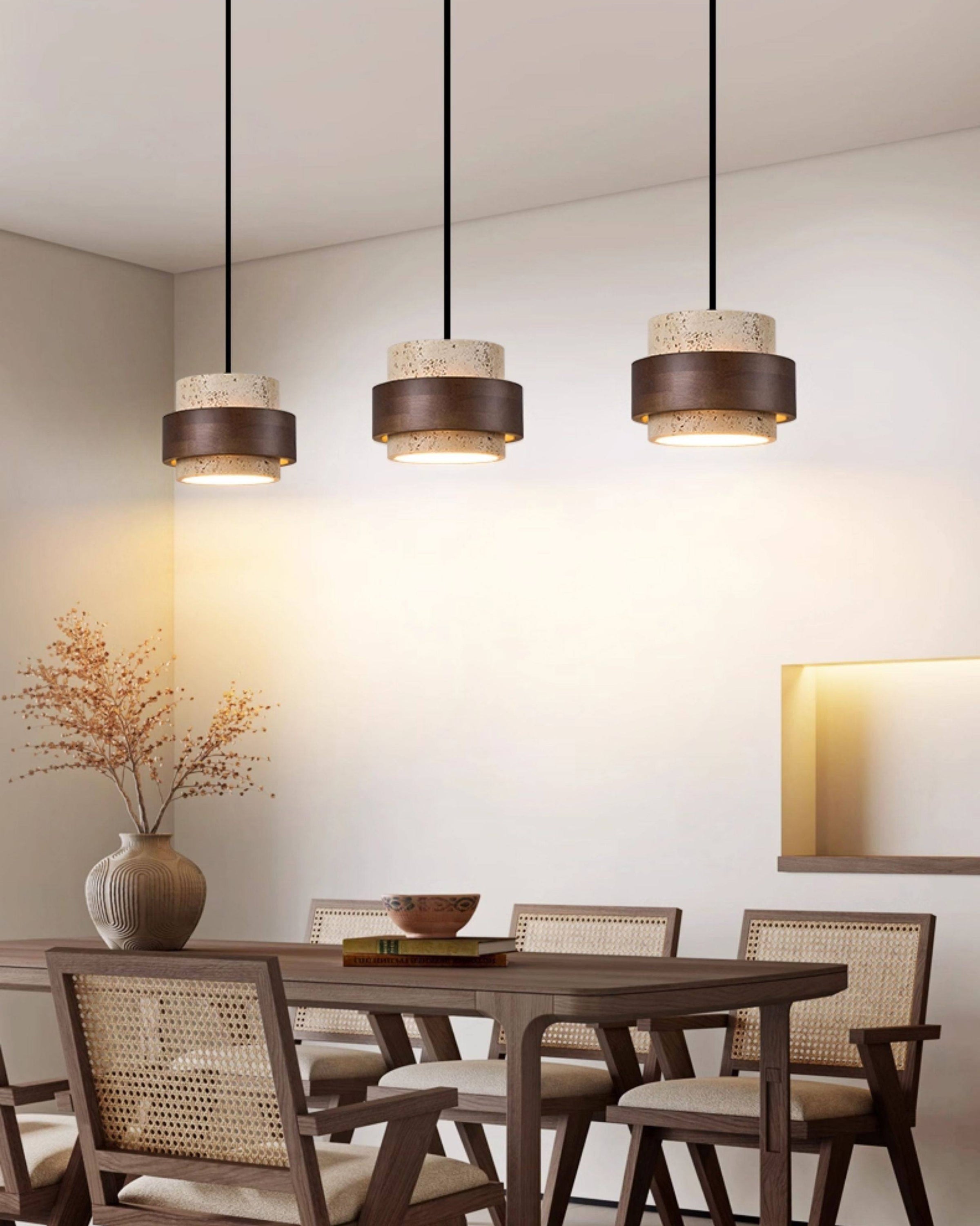 WOMO Travertine Wood Drum Pendant Light - WM3108