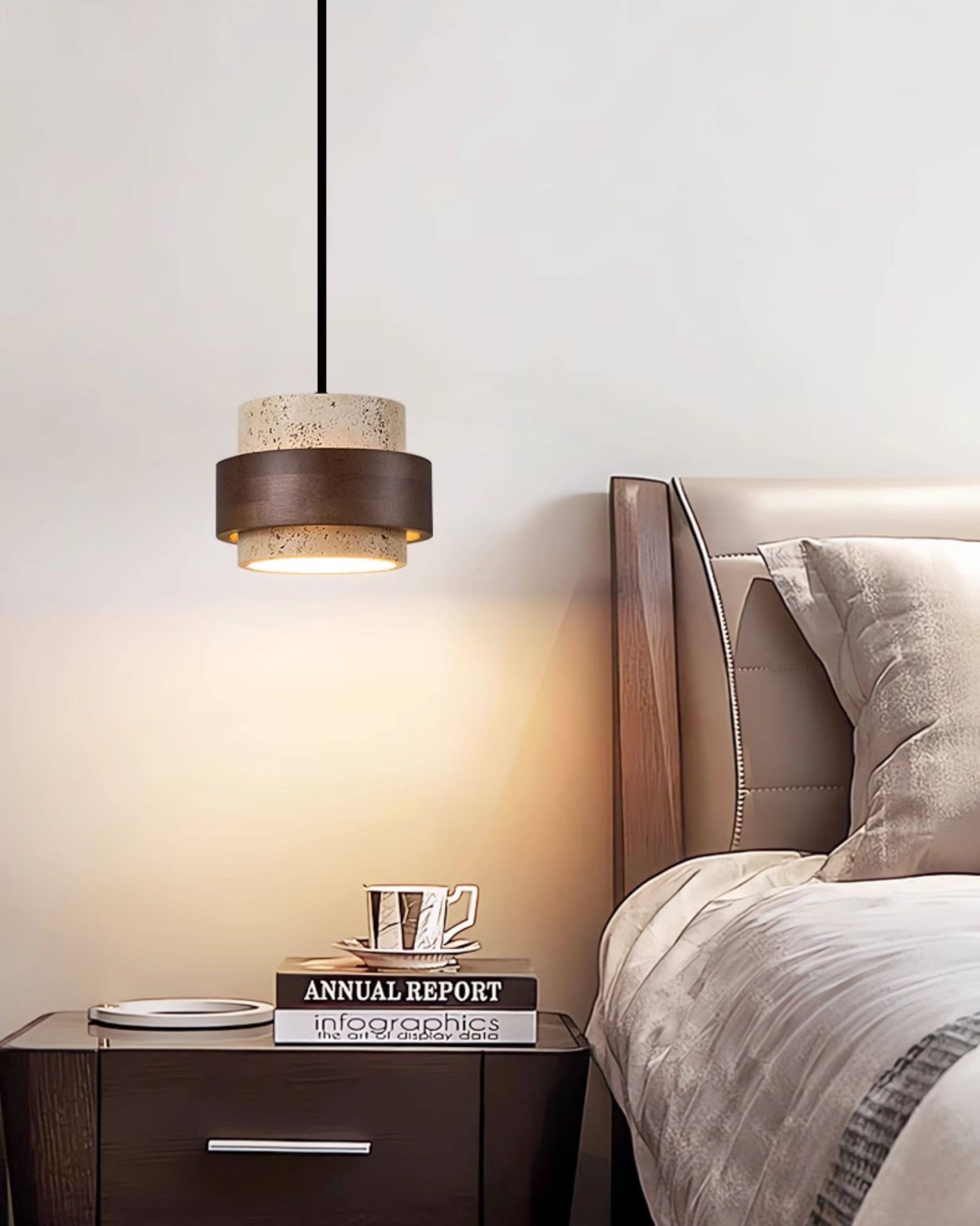 WOMO Travertine Wood Drum Pendant Light - WM3108