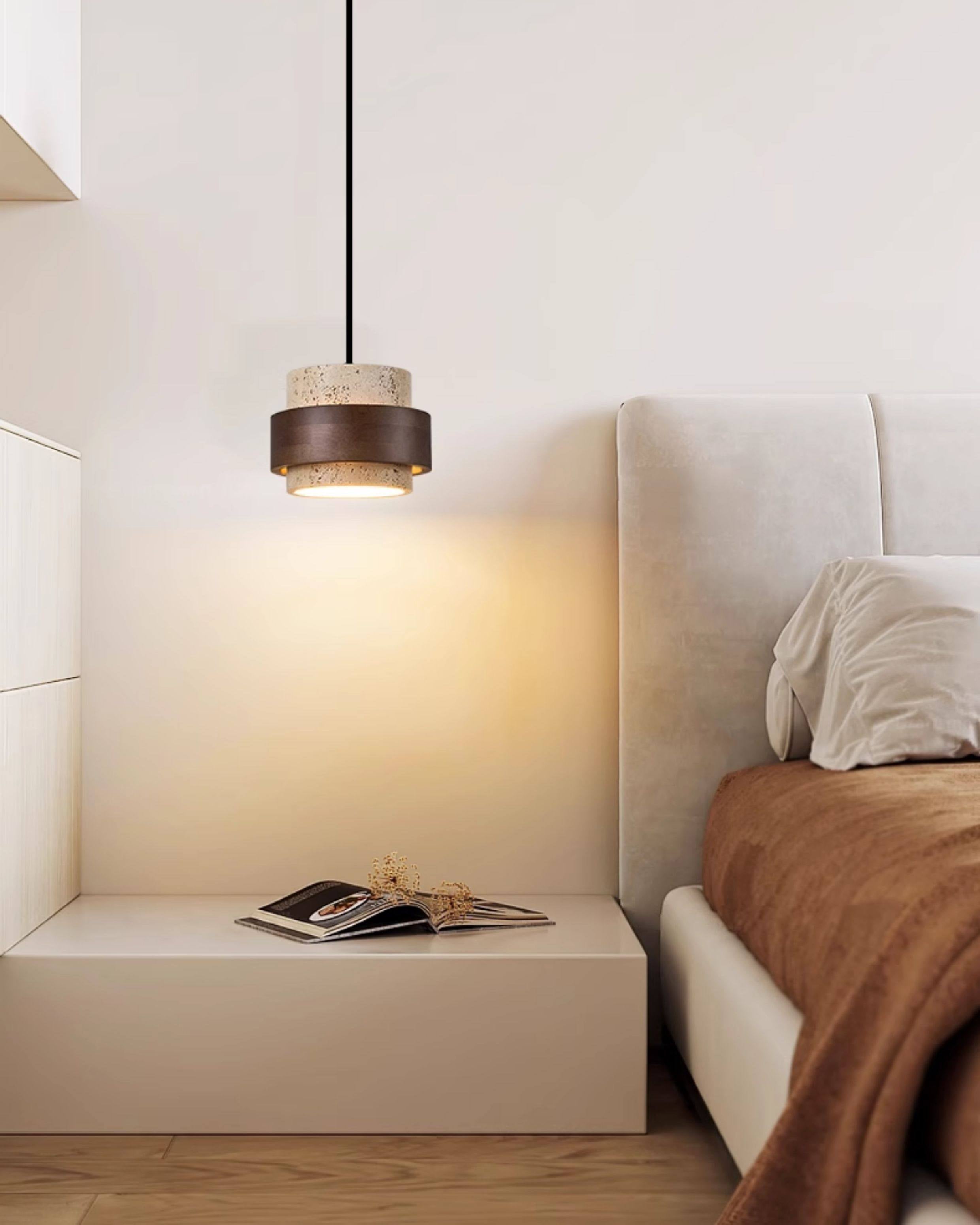 WOMO Travertine Wood Drum Pendant Light - WM3108