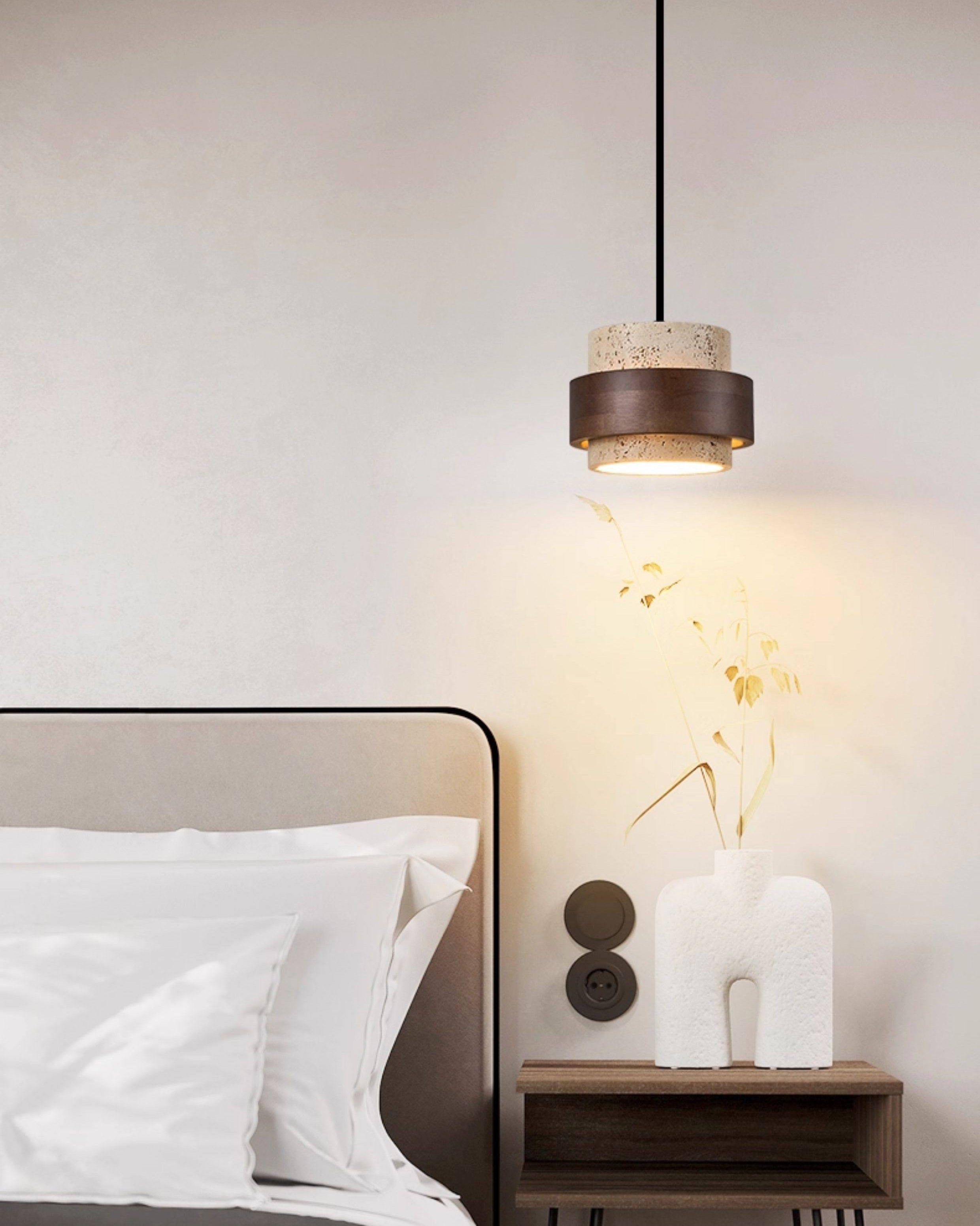WOMO Travertine Wood Drum Pendant Light - WM3108