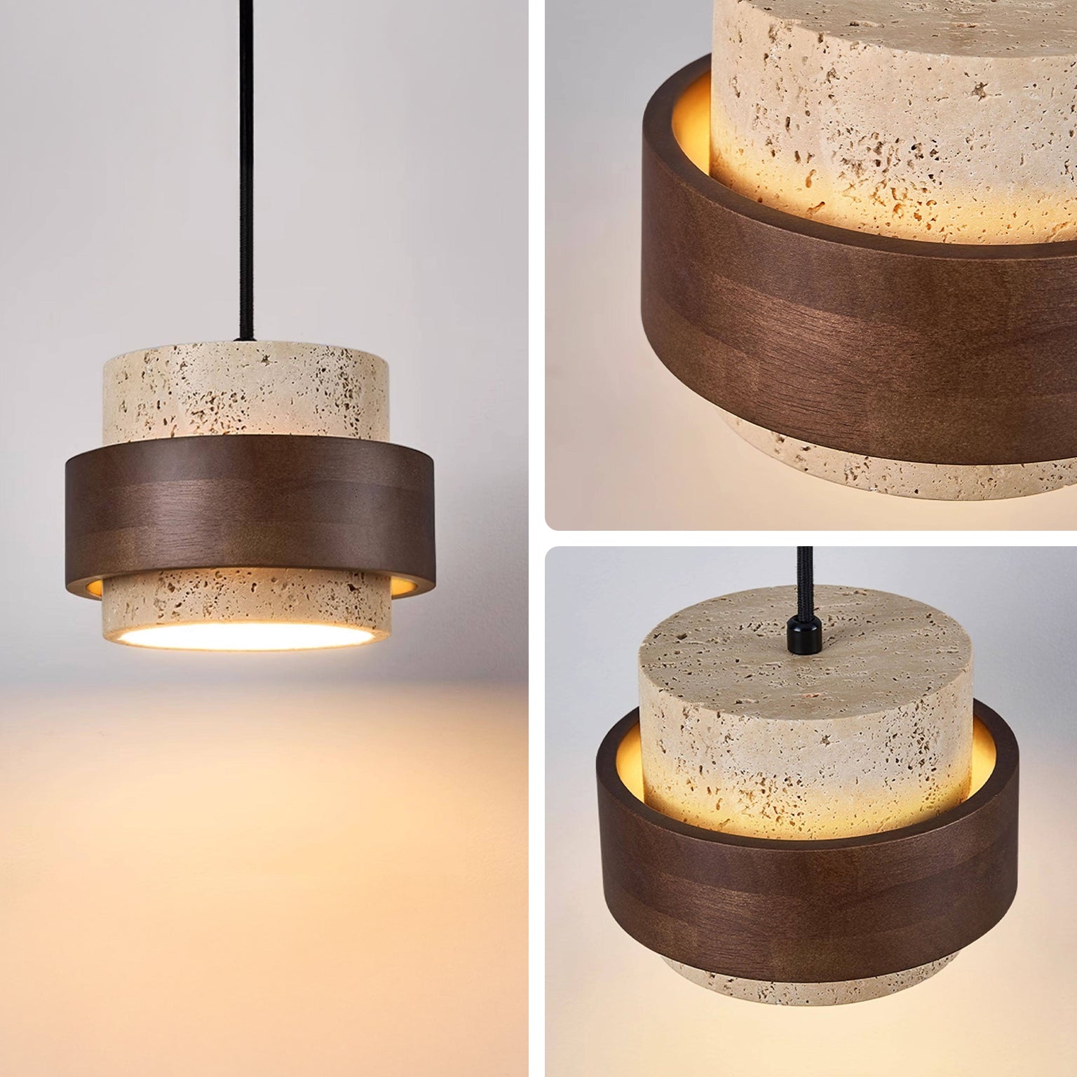 WOMO Travertine Wood Drum Pendant Light - WM3108