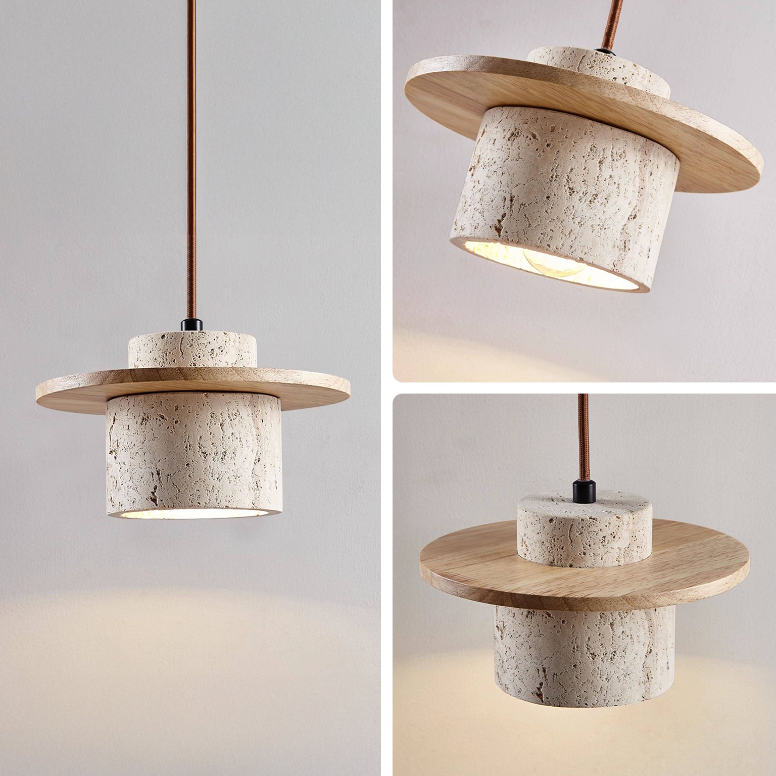 WOMO Travertine Wood Cylinder Pendant Light-WM3116