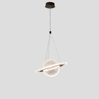 Ø11.8-inch small globe pendant light with textured planet sphere, luminous orbit ring, 39.4-inch suspension, 24W integrated LED and 1440-lumen output.