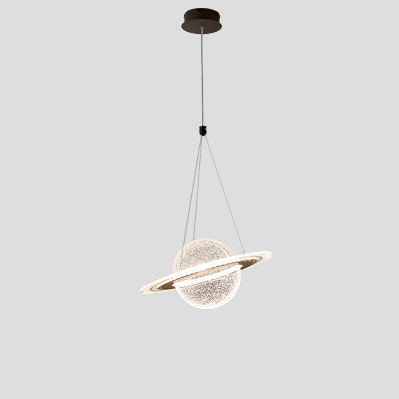 Ø11.8-inch small globe pendant light with textured planet sphere, luminous orbit ring, 39.4-inch suspension, 24W integrated LED and 1440-lumen output.