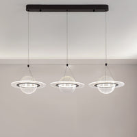 L40.2-inch linear globe chandelier with three planet pendants, black rectangular canopy, 11.8-inch width, 39.4-inch suspension, 72W integrated LED and 4320-lumen output.