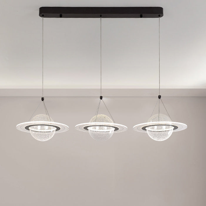 L40.2-inch linear globe chandelier with three planet pendants, black rectangular canopy, 11.8-inch width, 39.4-inch suspension, 72W integrated LED and 4320-lumen output.