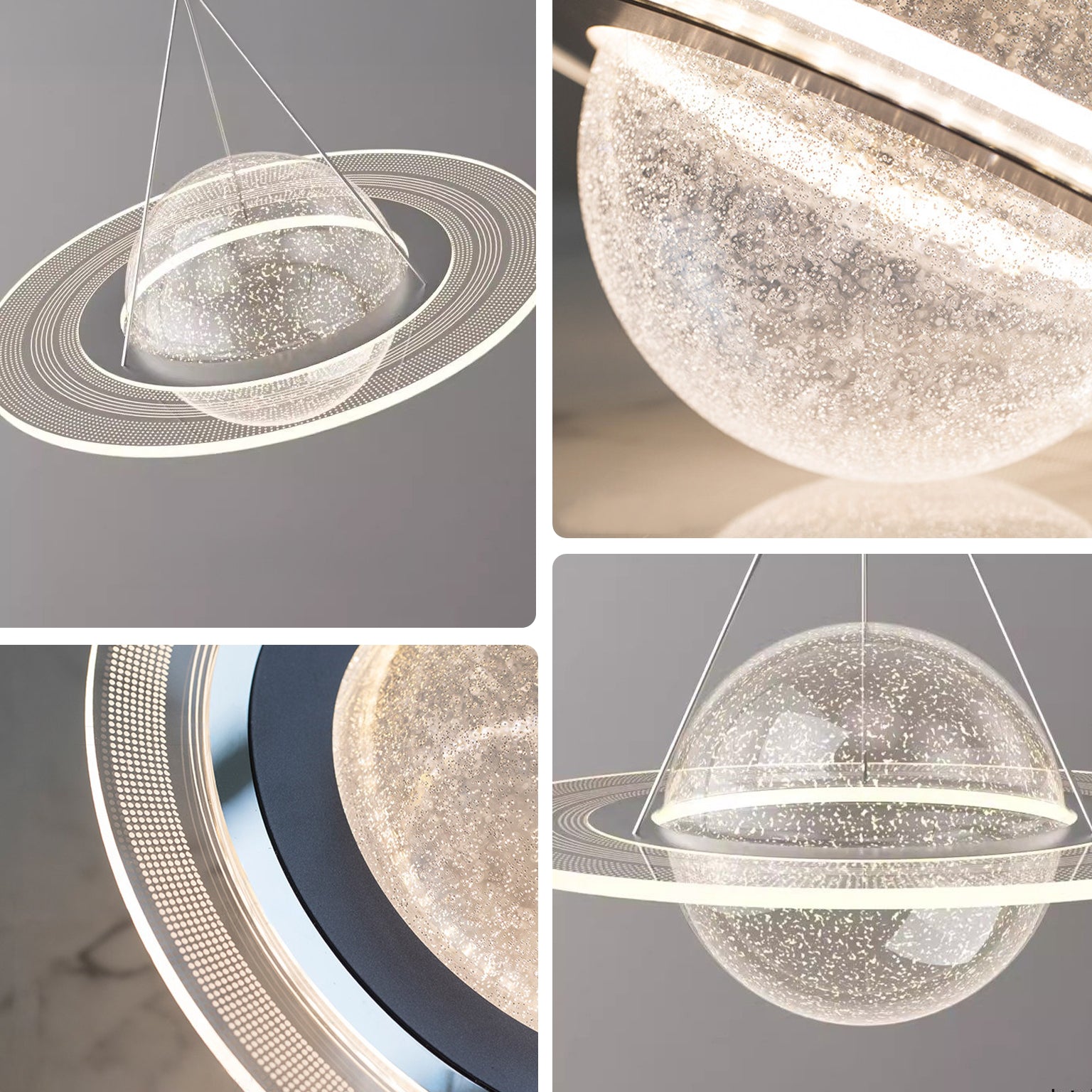 Close-up collage of the ring pendant light, showing its textured translucent globe, perforated metal orbit ring, integrated LED glow and suspension cables.