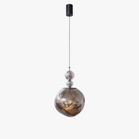 Smoke grey two-sphere globe pendant light with mirrored silver metal details, a black suspension cord, and an irregular acrylic globe shade.