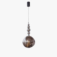 Smoke grey five-sphere globe pendant light with a vertical strand of mirrored metal orbs ending in a sculptural molten acrylic globe.