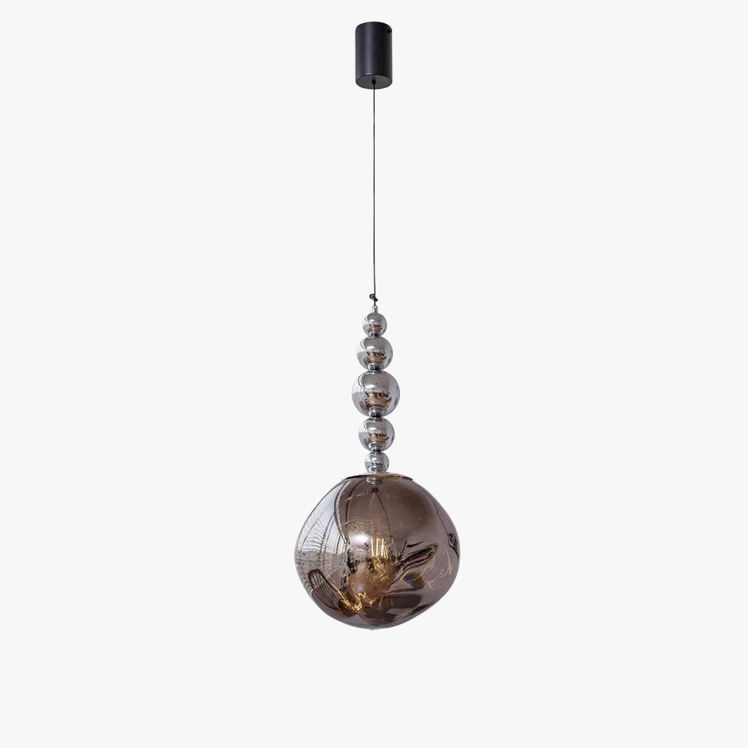 Smoke grey five-sphere globe pendant light with a vertical strand of mirrored metal orbs ending in a sculptural molten acrylic globe.