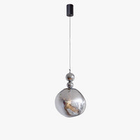 Silver two-sphere small pendant light with a mirrored bead-like composition, black suspension cord, and clear molten acrylic globe.