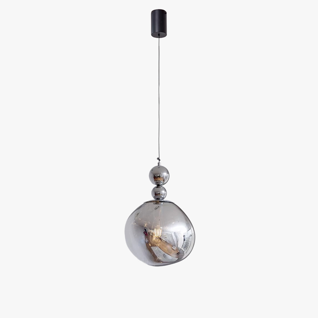 Silver two-sphere small pendant light with a mirrored bead-like composition, black suspension cord, and clear molten acrylic globe.