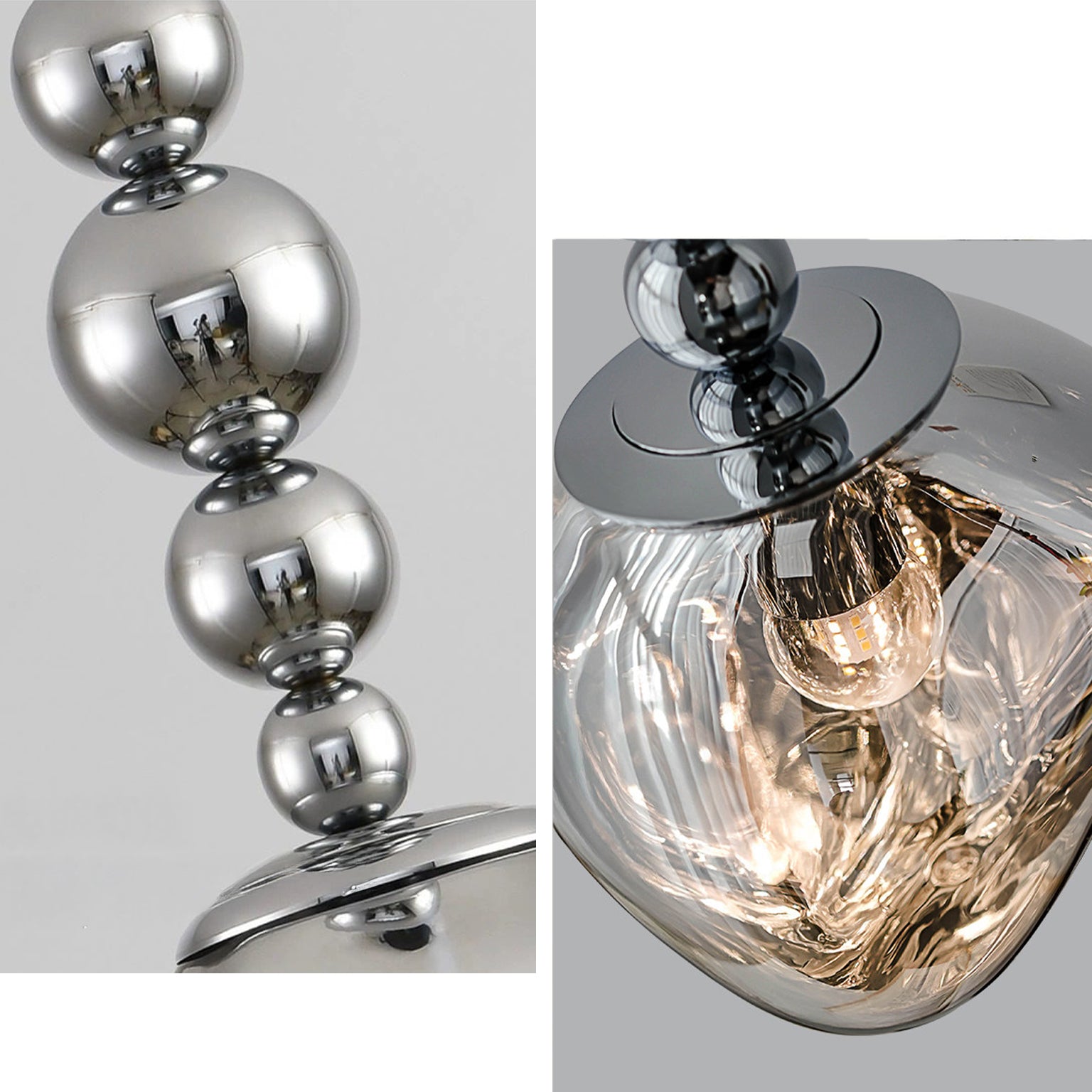 Detail of the LED pendant light, showing reflective metal spheres, an E27 LED bulb, and the uneven contours of the molten acrylic globe.