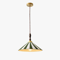 Green-and-white ceramic pendant lamp with a wide cone shade, dark wood handle, twisted cord and round gold-tone canopy on a white background.