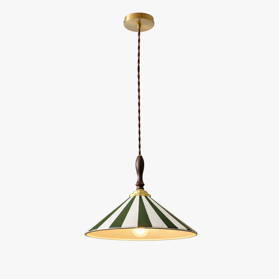 Green-and-white ceramic pendant lamp with a wide cone shade, dark wood handle, twisted cord and round gold-tone canopy on a white background.