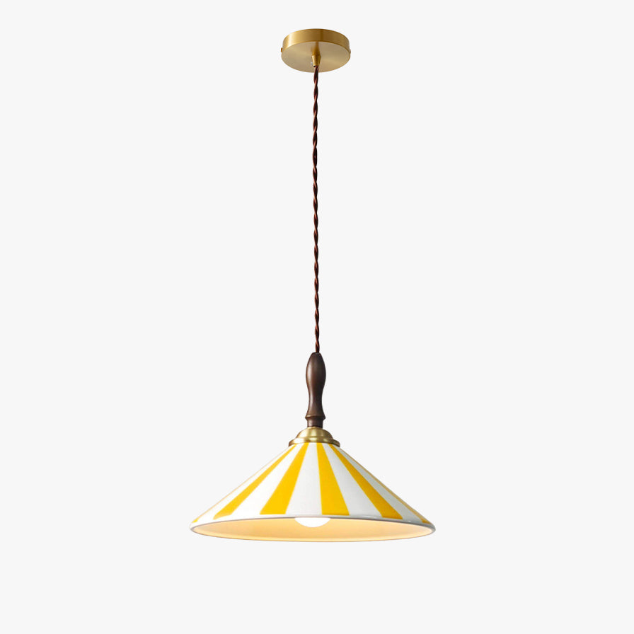 Yellow-and-white cone pendant light with a ceramic shade, dark wood handle, twisted cord and round gold-tone canopy on a white background.
