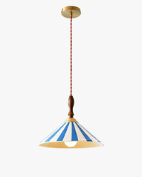 WOMO WM3170 blue-striped ceramic pendant light with a wide cone shade, dark wood handle, twisted cord and round gold-tone canopy on a white background.
