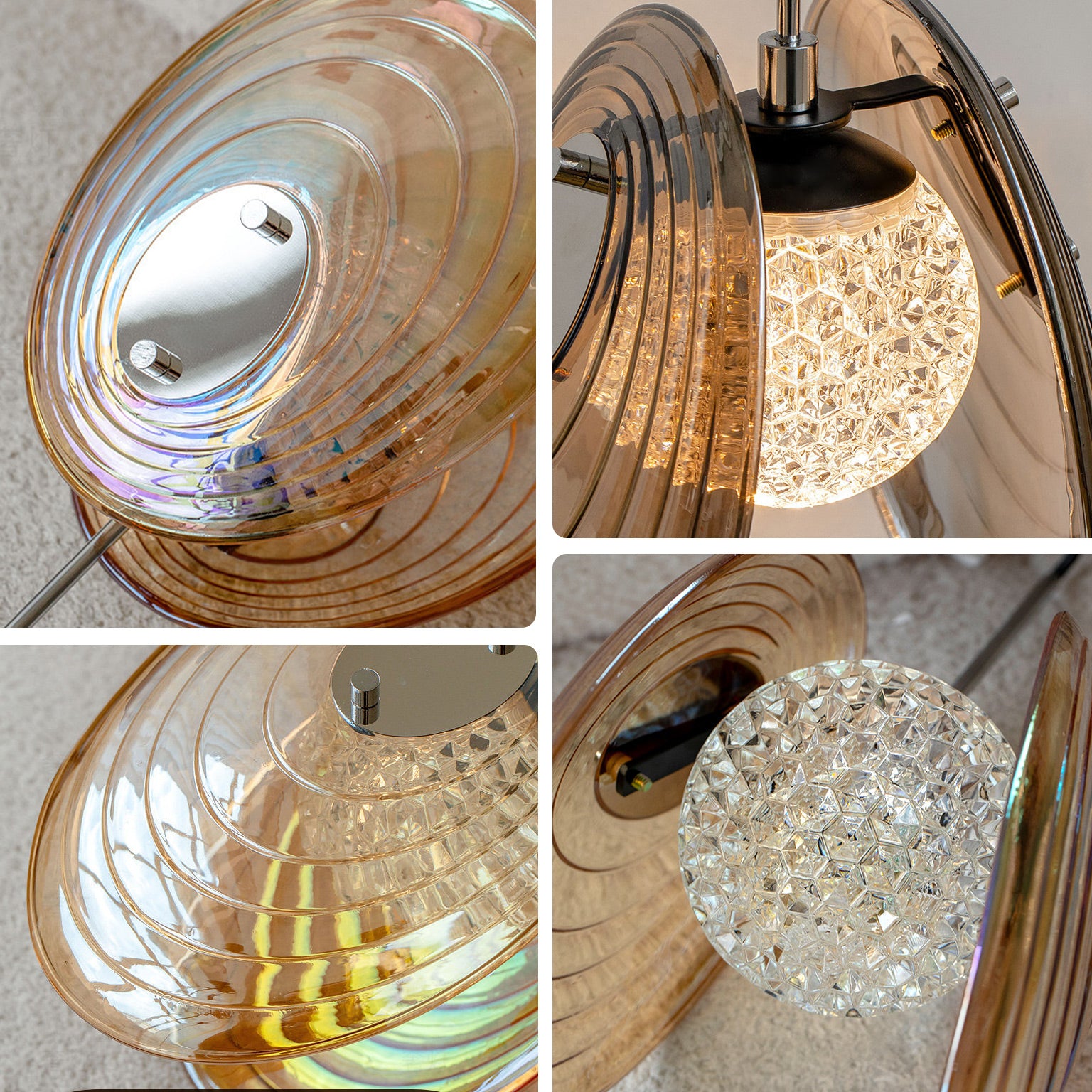 Detail collage of the glass disc pendant light showing concentric ripple glass, metal hardware, and the crystal-like illuminated core.