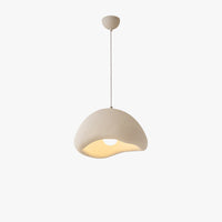 16-inch white dome pendant light with an uneven eggshell opening, textured fiberglass shade, and warm white bulb.