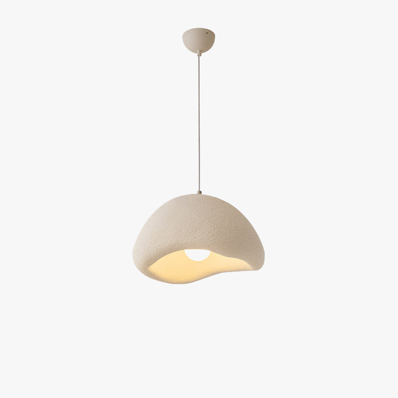 16-inch white dome pendant light with an uneven eggshell opening, textured fiberglass shade, and warm white bulb.