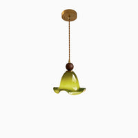 Compact olive green pendant light with a flower-like ruffled glass shade, suspended from a twisted brown cord and round gold-toned canopy.
