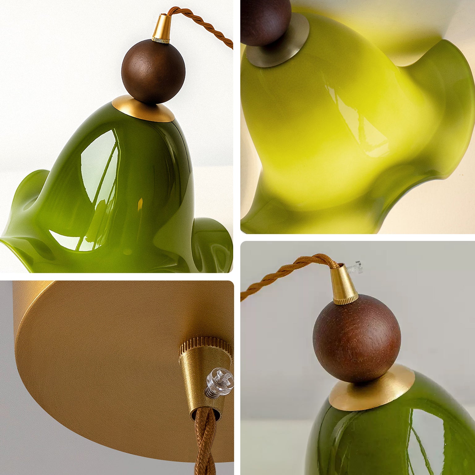Close-up details of the olive glass lamp, revealing its flowing ruffled rim, glossy colored glass, dark brown sphere and gold-toned fittings.