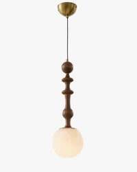 Glass globe pendant light with a walnut-look stem, studio view of WOMO WM3190.