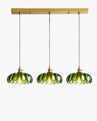 White-background view of the 30-inch Linear C vintage green glass chandelier with three matching flower-shaped shades, twisted cords, and a long metal canopy.
