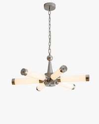 Chrome multi-tube chandelier light fixture with radial white light bars on a chain suspension.