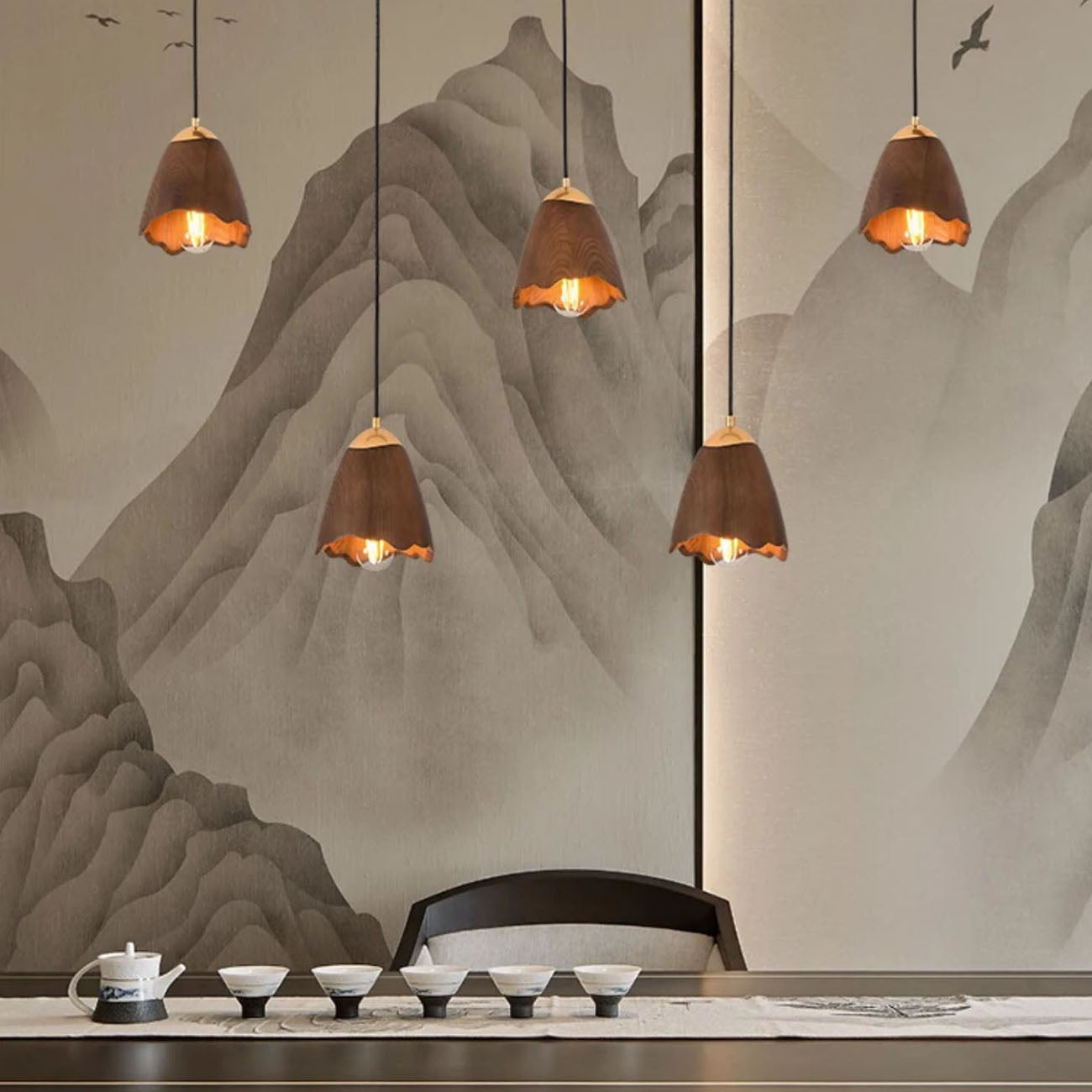 WOMO Bell‑Shade Multi‑Light Wood Pendant Light-WM3286