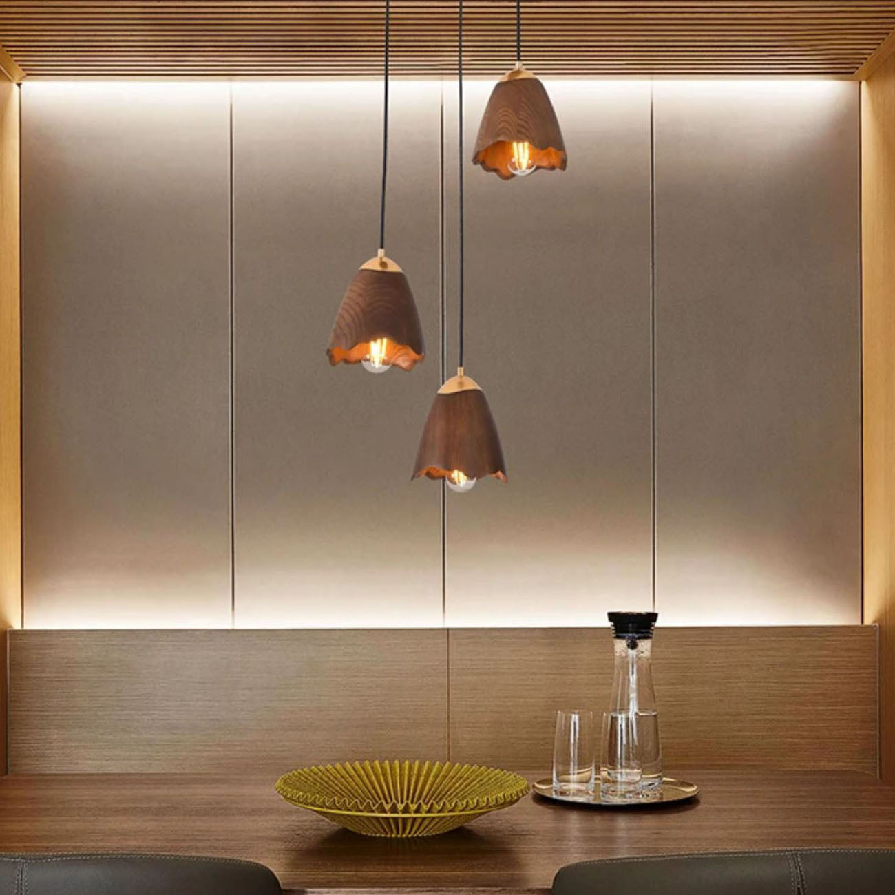 WOMO Bell‑Shade Multi‑Light Wood Pendant Light-WM3286