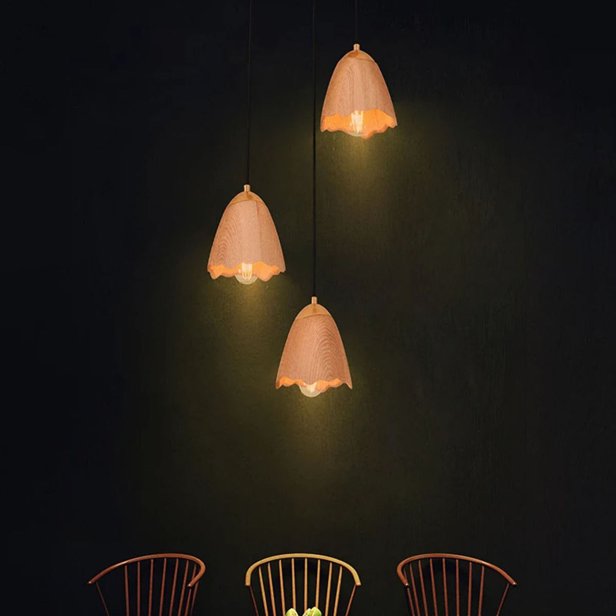 WOMO Bell‑Shade Multi‑Light Wood Pendant Light-WM3286