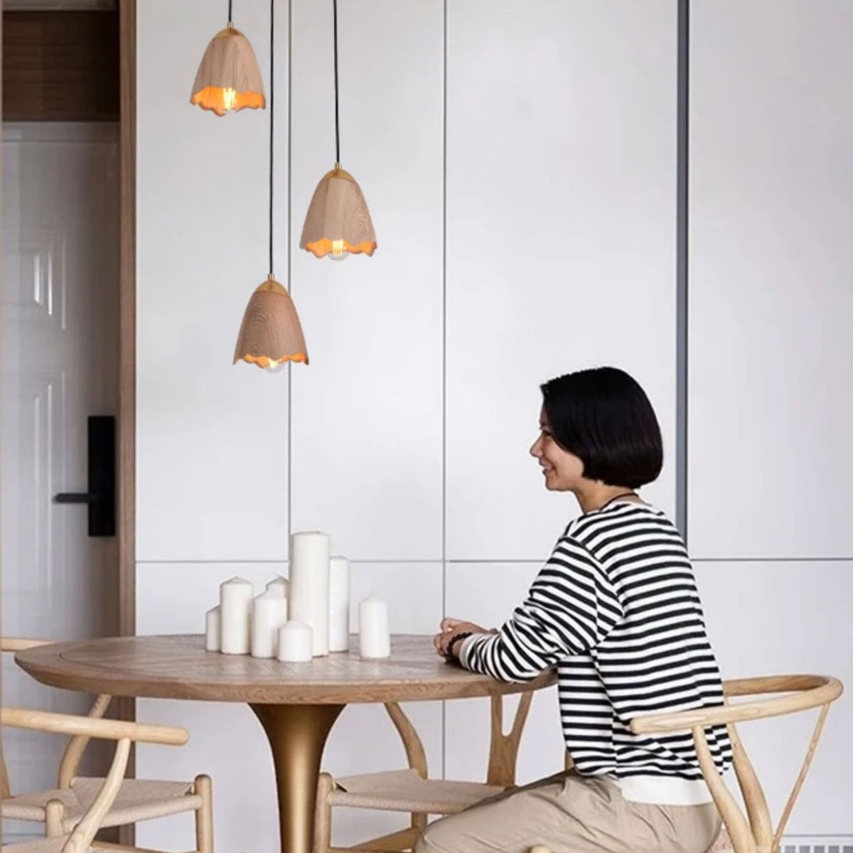 WOMO Bell‑Shade Multi‑Light Wood Pendant Light-WM3286