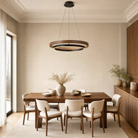 WOMO WM2492 wood ring chandelier installed above a dining table for a modern farmhouse dining space