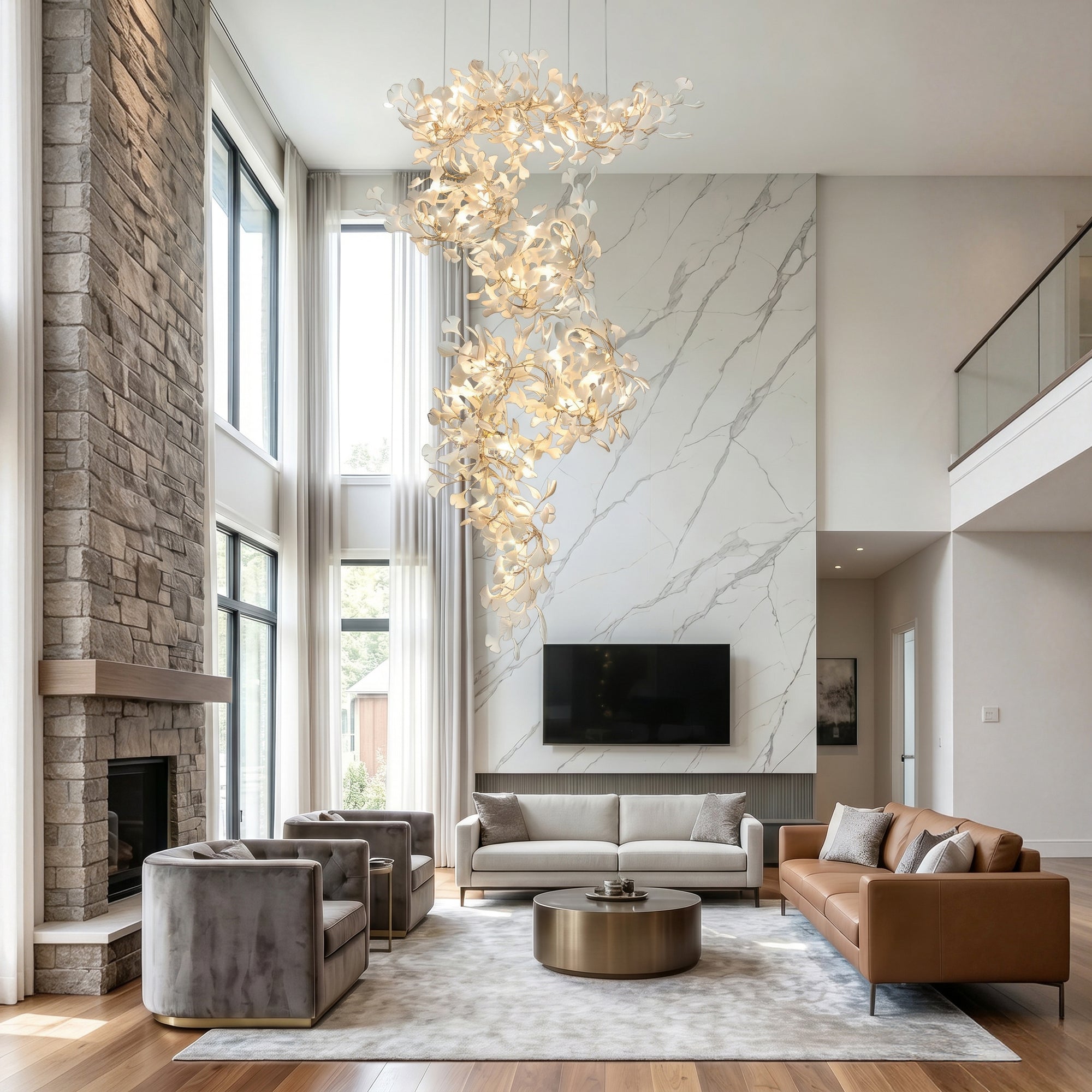 Ceramic chandelier for high ceiling living room, cascading beside a marble feature wall in a bright two-story interior.