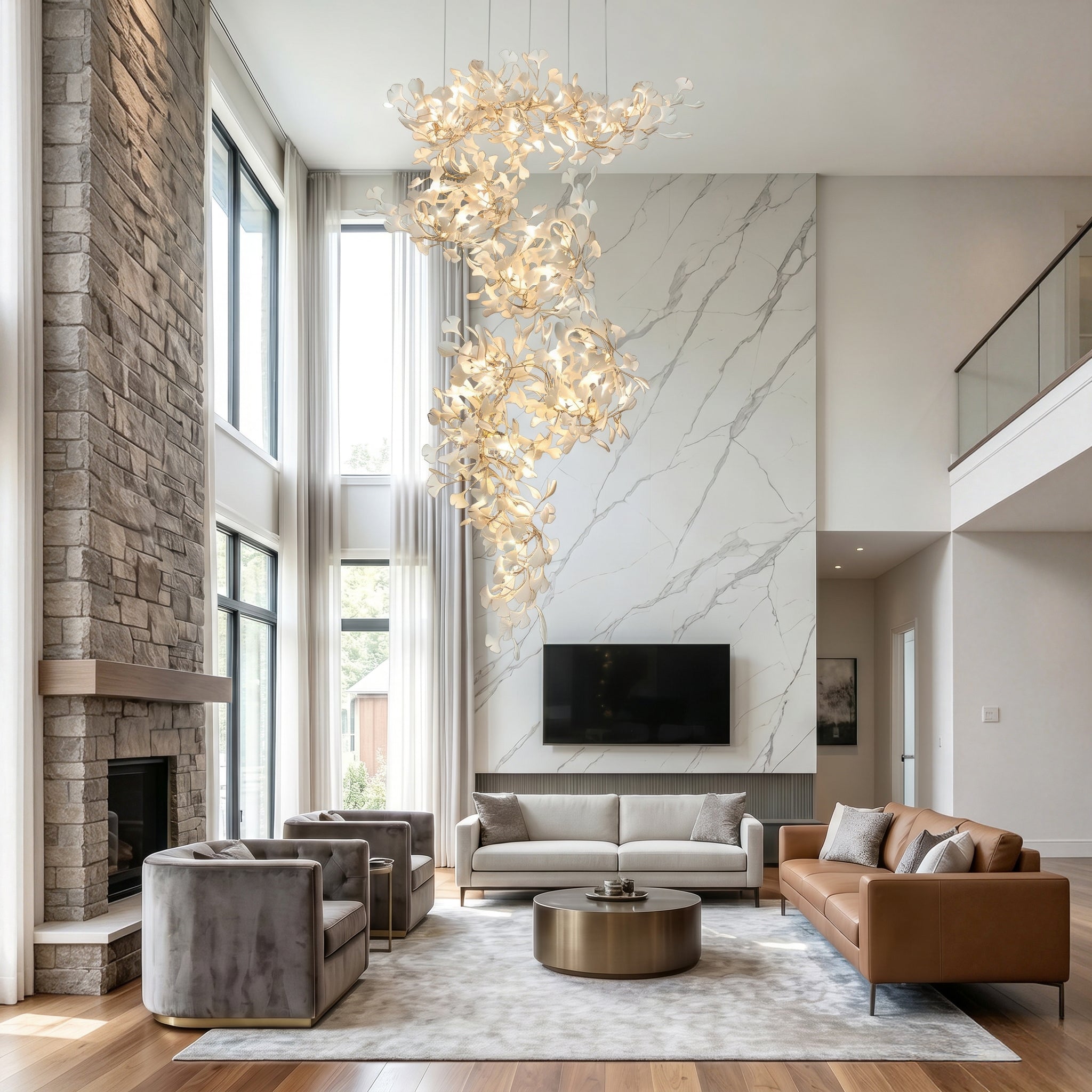 Ceramic chandelier for high ceiling living room, cascading beside a marble feature wall in a bright two-story interior.