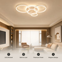 A gold circular led ceiling lights design shown in a bright living room, highlighting its low-profile form, integrated LED glow, and elegant ring composition.