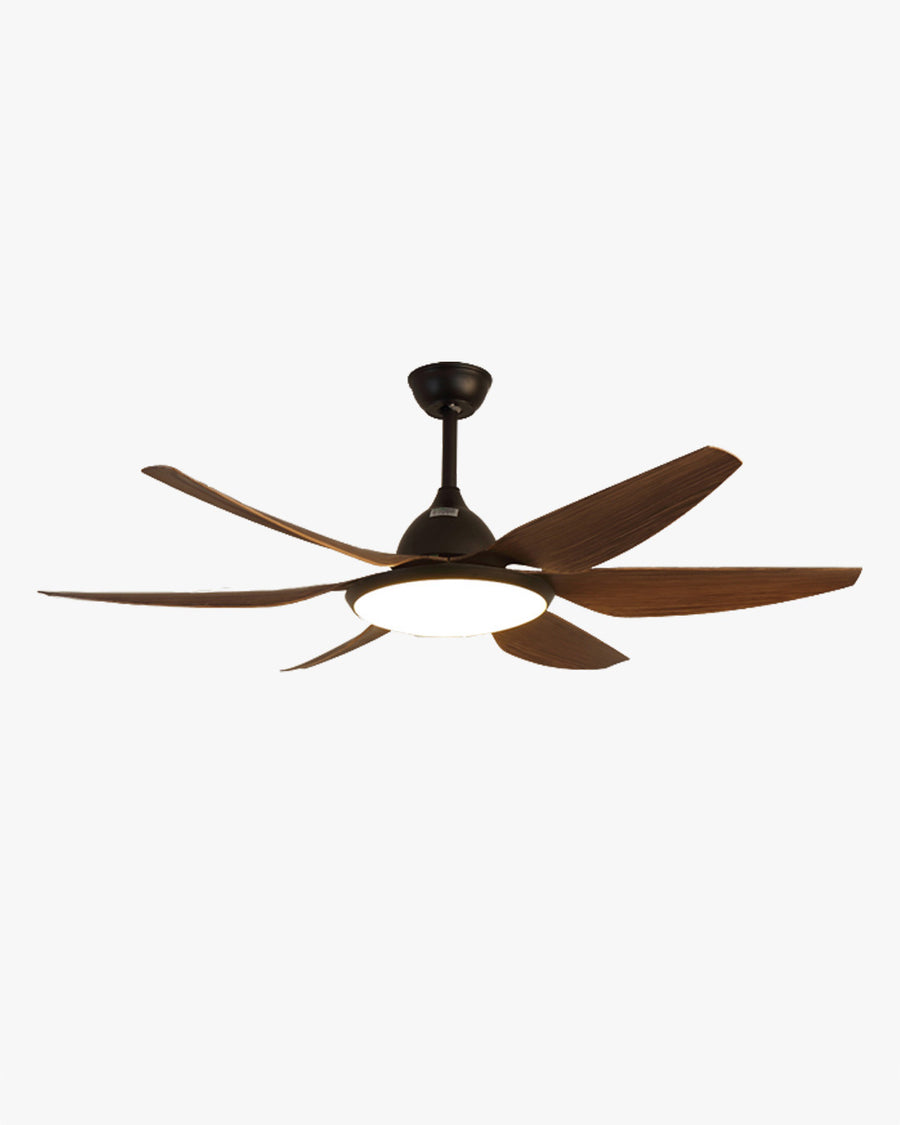 WM5032 large farmhouse ceiling fan with light featuring six curved walnut-finish blades and a black metal body