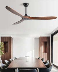 A dark modern wood ceiling fan anchors the bright conference room, pairing curved wood blades with a clean black mount.