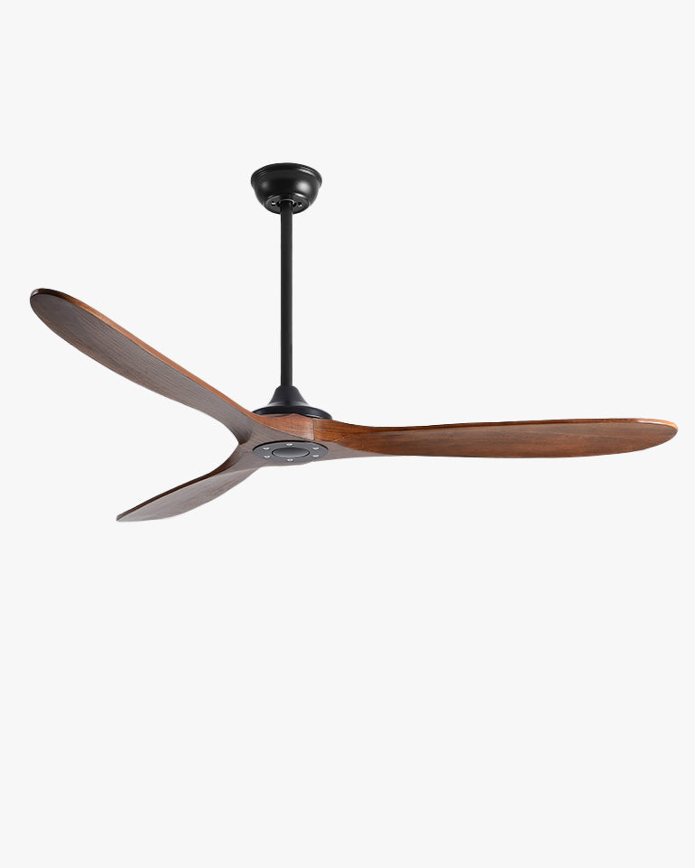 Three sweeping wood blades define this WOMO propeller ceiling fan in a warm dark finish with a contrasting black mount.