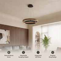 WOMO WM2492 circular wood chandelier features weathered wood finish, adjustable height, and integrated LED lighting
