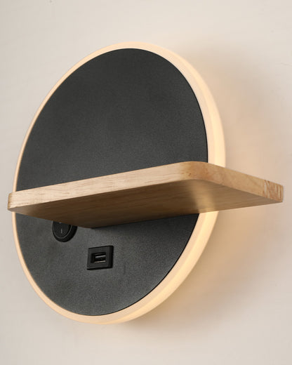 WOMO Round Accent Wall Sconce with Shelf, Switch and USB-WM6084